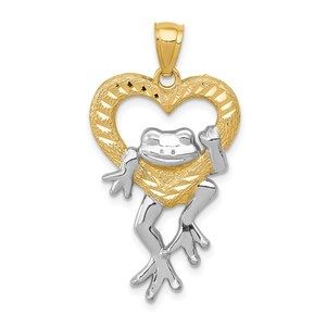 14K Yellow Gold and Rhodium D/C Frog in Heart Necklace Charm Pendant